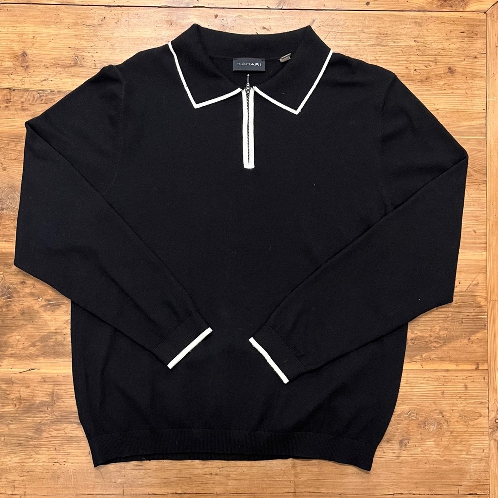 Tahari Black Zip-Up Sweater with White Accents